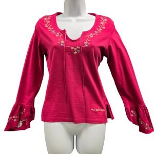 Vintage Y2K Womens Pink Embroidered Bell Sleeve Boho Top Size M